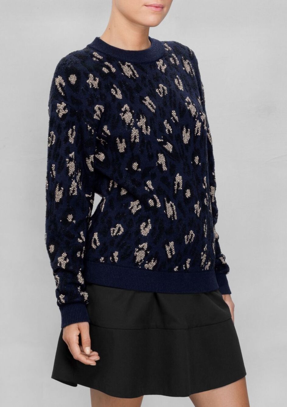 & Other Stories Navy Leopard Print Jacquard Pullover Sweater Women's XS
